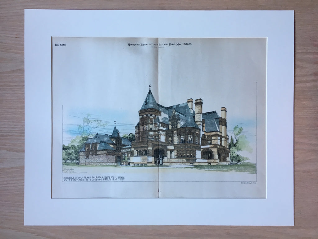 Frank Collom Residence, Minneapolis, MN, 1889, Orff, Hand Colored Original