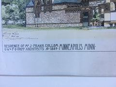Frank Collom Residence, Minneapolis, MN, 1889, Orff, Hand Colored Original