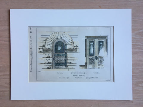 I A Baum Residence, Entrance Doors, Rochester, NY, 1889, Hand Colored Original
