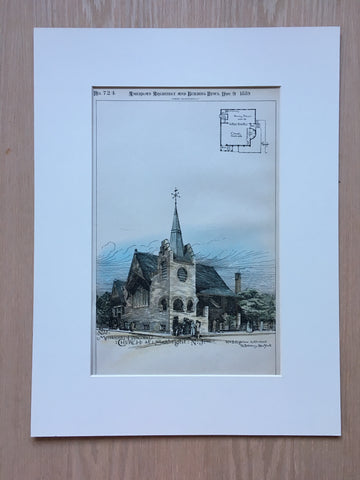 Methodist Episcopal, Seabright, NJ, 1889, Wm B Bigelow, Hand Colored Original