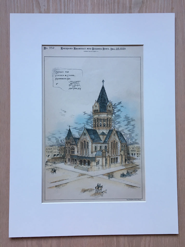 Church & Chapel, Harrisburg, PA, 1889, John J Deery, Hand Colored Original
