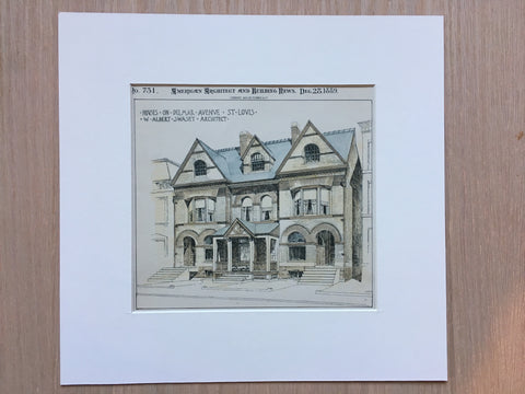 Houses on Delmar Ave, St Louis, MO, 1889, W A Swasey, Hand Colored Original