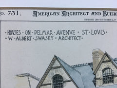 Houses on Delmar Ave, St Louis, MO, 1889, W A Swasey, Hand Colored Original