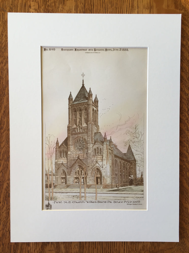 First ME Church, Wilkes Barre, PA, 1888, Bruce Price, Original Hand Colored x