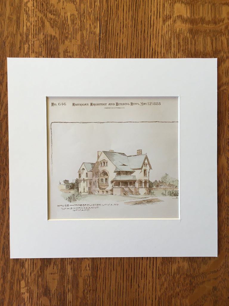 House, H E Brewster, Utica, NY, 1888, W H Symonds, Original, Hand Colored x