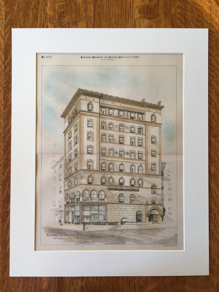 Daniel Loring Building, Broadway & 31st, NY, 1888, Original, Hand Colo