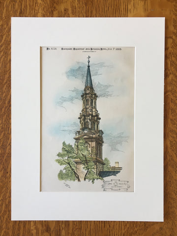 Spire, St Paul's Church, NY, 1888, C H Israels, Original Plan Hand-colored x