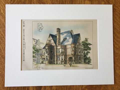 Residence, Senator P Sawyer, Washington DC, 1888, Original Plan Hand-colored x