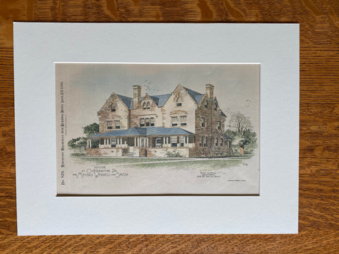 House for Wendell and Smith, Overbrook, PA, 1893, Original Hand Colored -