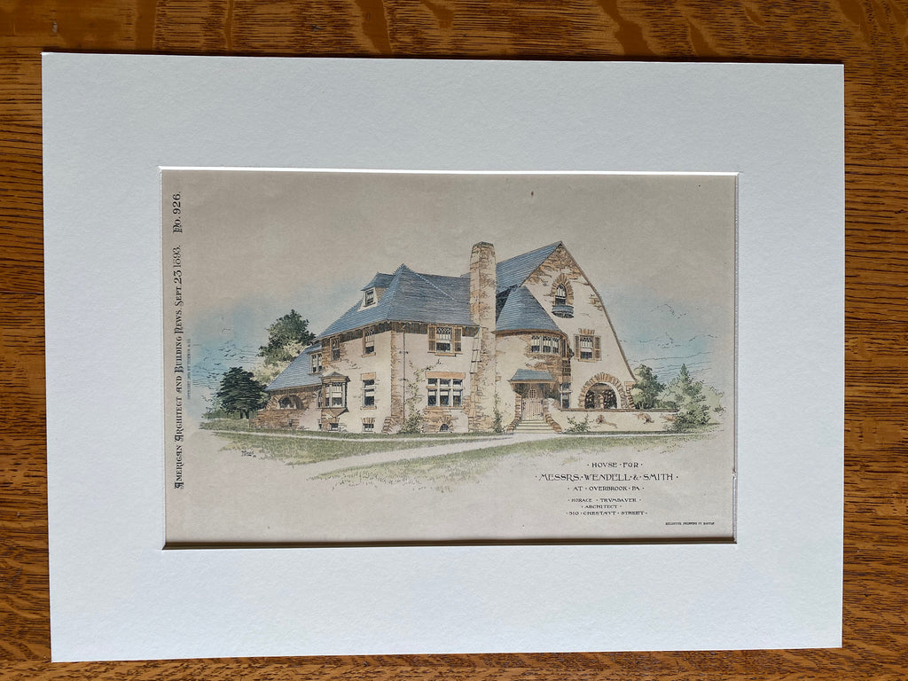 House for Wendell & Smith, Overbrook, PA, 1893, Original Hand Colored -