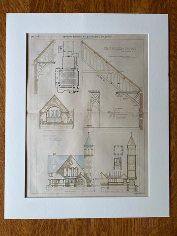 Trinity Church, E Orange, NJ, 1893, Stephenson & Greene, Original Hand Colored -