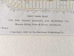 New Hearst Building, Plans, San Francisco, CA, 1908, Original Plan Hand-colored x
