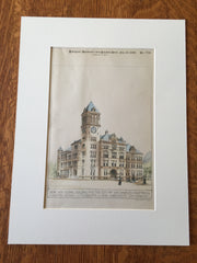 High School, Los Angeles, CA, 1890, Preston & Son, Original Plan Hand-colored x