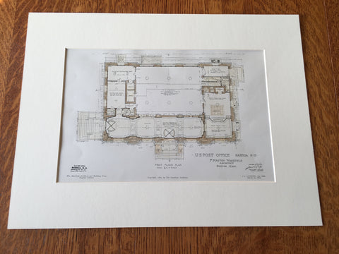 US Post Office, Nashua, NH, Floor Plans, 1905, Original Plan Hand-colored x