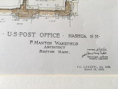 US Post Office, Nashua, NH, Floor Plans, 1905, Original Plan Hand-colored x