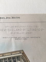 New England Building Co., Cleveland, OH, 1894, Original Plan Hand-colored x