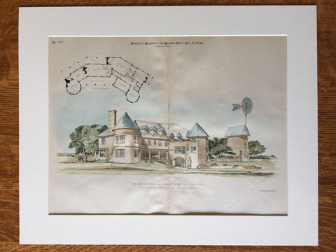 Residence, W N Oothout, Fresno, CA, 1890, A Page Brown, Original Hand Colored x
