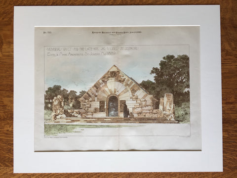 Memorial Vault, Hon. James N Burnes, St Joseph, MO, 1890, Harvey Ellis Drawing, Original Hand Colored x