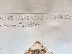 Memorial Vault, Hon. James N Burnes, St Joseph, MO, 1890, Harvey Ellis Drawing, Original Hand Colored x