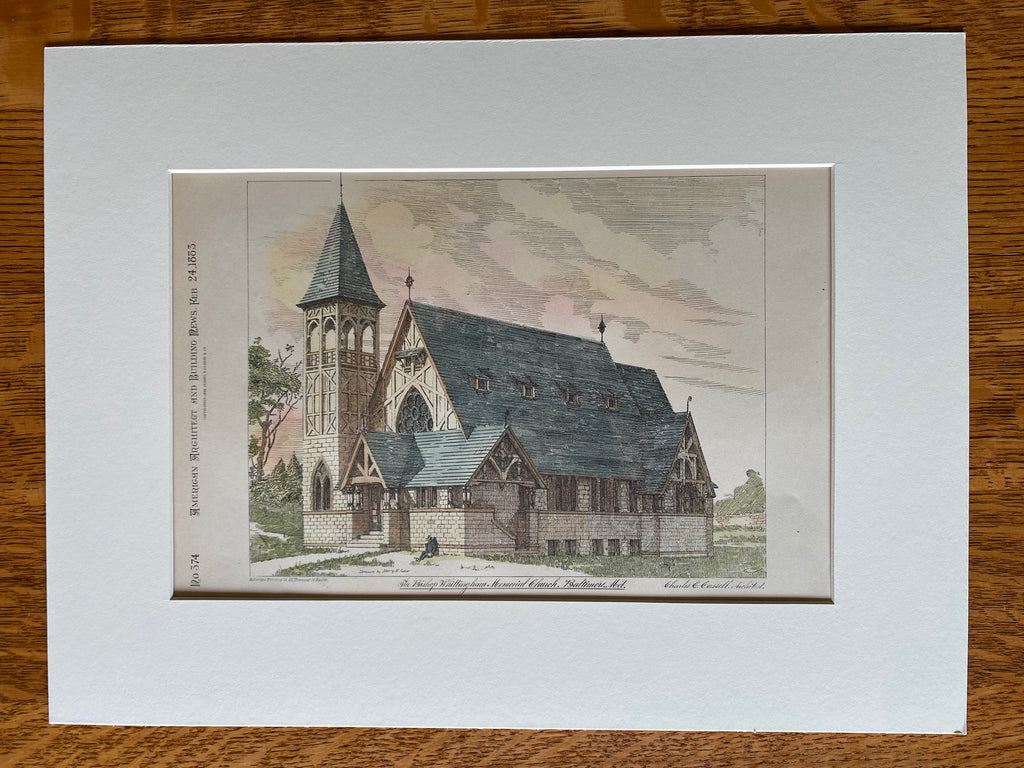 Bishop Whittingham Memorial Church, Baltimore, MD, 1883, Original Hand Colored -