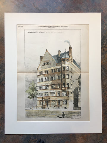 Apartment House, Clark Street, Brooklyn, NY, 1890, C Gilbert, Original Hand Colored