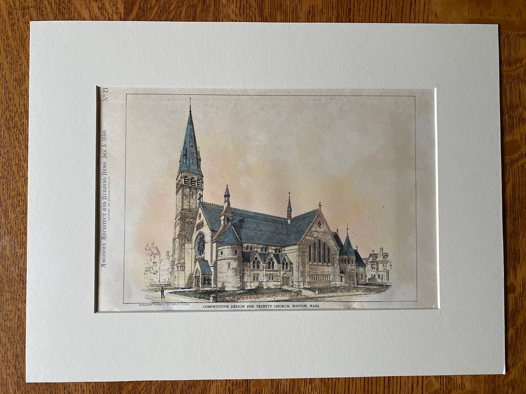 Trinity Church, Boston, MA, 1880, Sturgis & Brigham, Hand Colored Original -