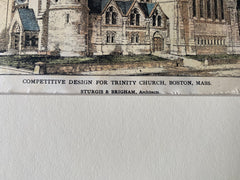 Trinity Church, Boston, MA, 1880, Sturgis & Brigham, Hand Colored Original -