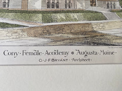 Cony Female Academy, Augusta, ME, 1880, CJF Bryant, Hand Colored Original -