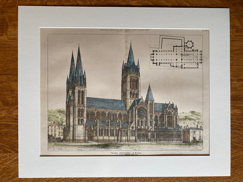 Truro Cathedral, Cornwall, England, 1880, J L Pearson, Original Hand Colored -
