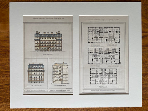 Hotel Hamilton, Boston, MA, 1876, Ware & Van Brunt, Original Hand Colored -