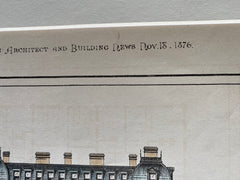 Hotel Hamilton, Boston, MA, 1876, Ware & Van Brunt, Original Hand Colored -
