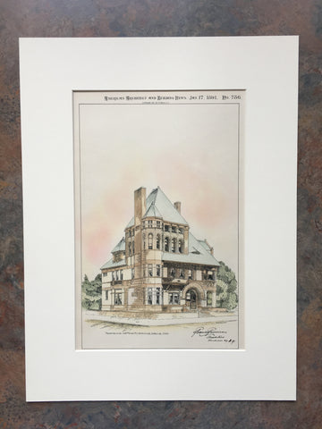 Residence at 108th St & Riverside Dr, NY, 1891, Hand Colored Original