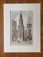Fountain of the Stone Cross, Rouen, France, 1884, Original Hand Colored -