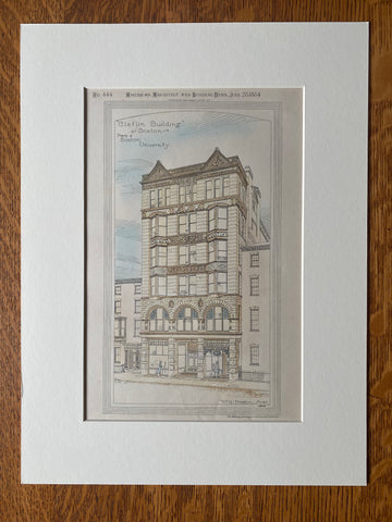Claflin Building, Boston University, MA, 1884, W Preston, Original Hand Colored -