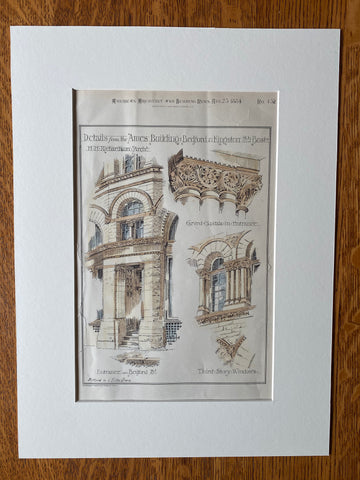 Ames Building, Details, Bedford & Kingston, Boston, 1884, Original Hand Colored -