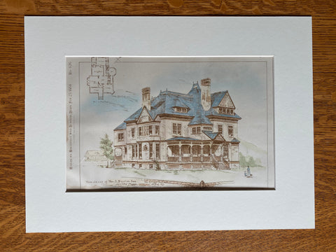 William A Prentiss House, Holyoke, MA, 1884, Wm B Tubby, Original Hand Colored -