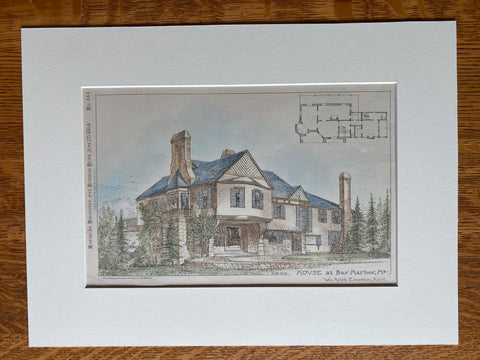 House at Bar Harbor, ME, 1884, Wm Ralph Emerson, Original Hand Colored -