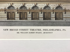 Broad Street Theatre, Philadelphia, PA, 1913, W A Swasey, Original Hand Colored *