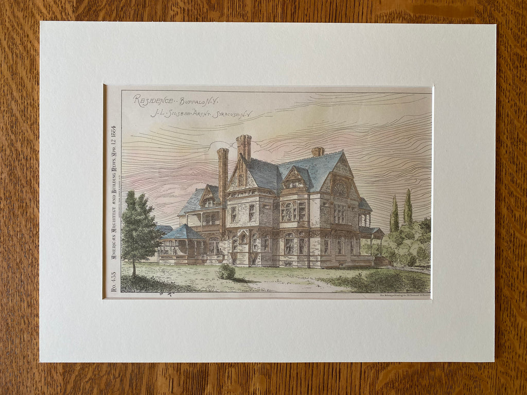 Residence in Buffalo, NY, 1884, J L Silsbee, Architect, Hand Colored Original -