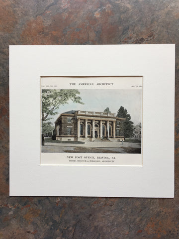 Post Office, Bristol, PA, 1913, Heacock & Hokanson, Original Hand Colored *