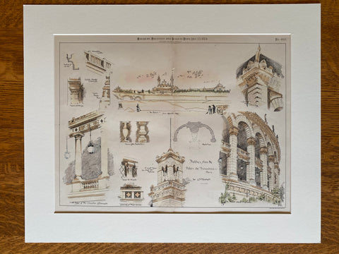 Palais du Trocadero, Paris, France, Sketches by C H Blackall, Original Hand Colored -