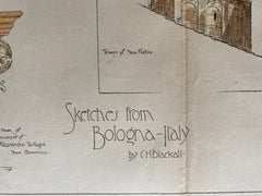 Sketches of Bologna, Italy, 1885, C H Blackhall, Original Hand Colored -