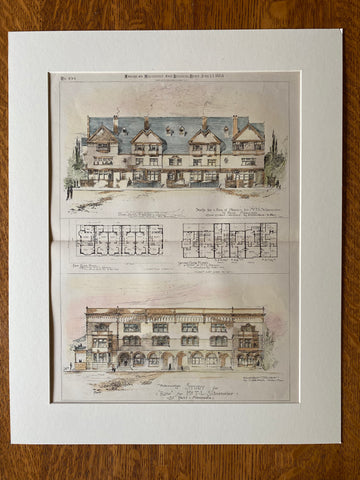 Houses for T L Shurmeier, St Paul, MN, 1885, Cass Gilbert, Original Hand Colored -
