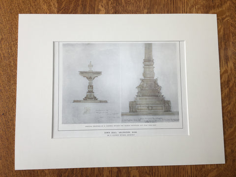 Town Hall, Fountain, Arlington, MA, 1914, R C Sturgis, Original Hand-colored *