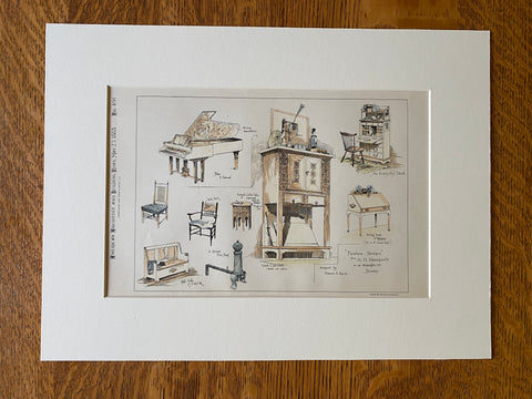 Furniture Sketches by A H Davenport, Boston, 1885, Designs by Francis H Bacon, Hand Colored Original -