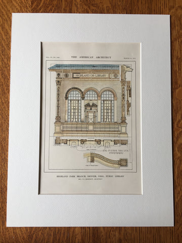 Highland Park Branch Library, Denver, CO, 1914, Original Hand Colored *