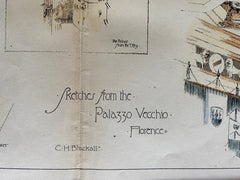 Palazzo Vecchio, Florence, Sketches by C H Blackall, 1885, Hand Colored Original -