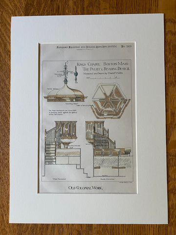 Kings Chapel, Pulpit & Desk, Boston, MA, 1886, Original Hand Colored -