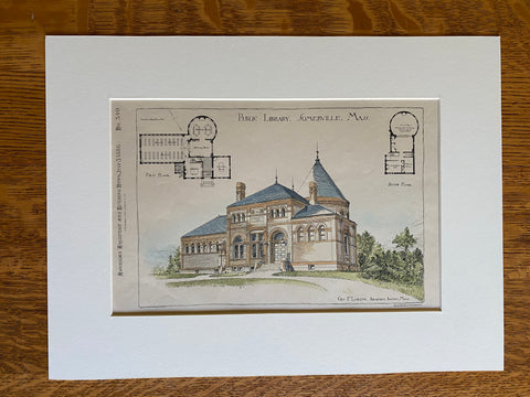 Public Library, Somerville, MA, 1886, George F Loring, Original Hand Colored -
