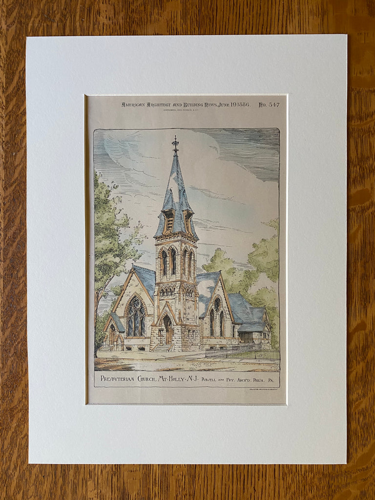 Presbyterian Church, Mount Holly, NJ, 1886, Pursell & Fry, Original Hand Colored -
